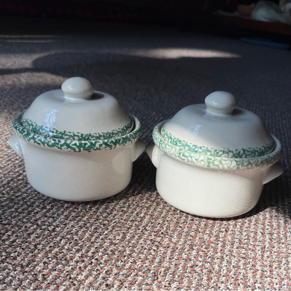 green heart ceramic spongeware lidded soup crocks - Picture 2 of 5